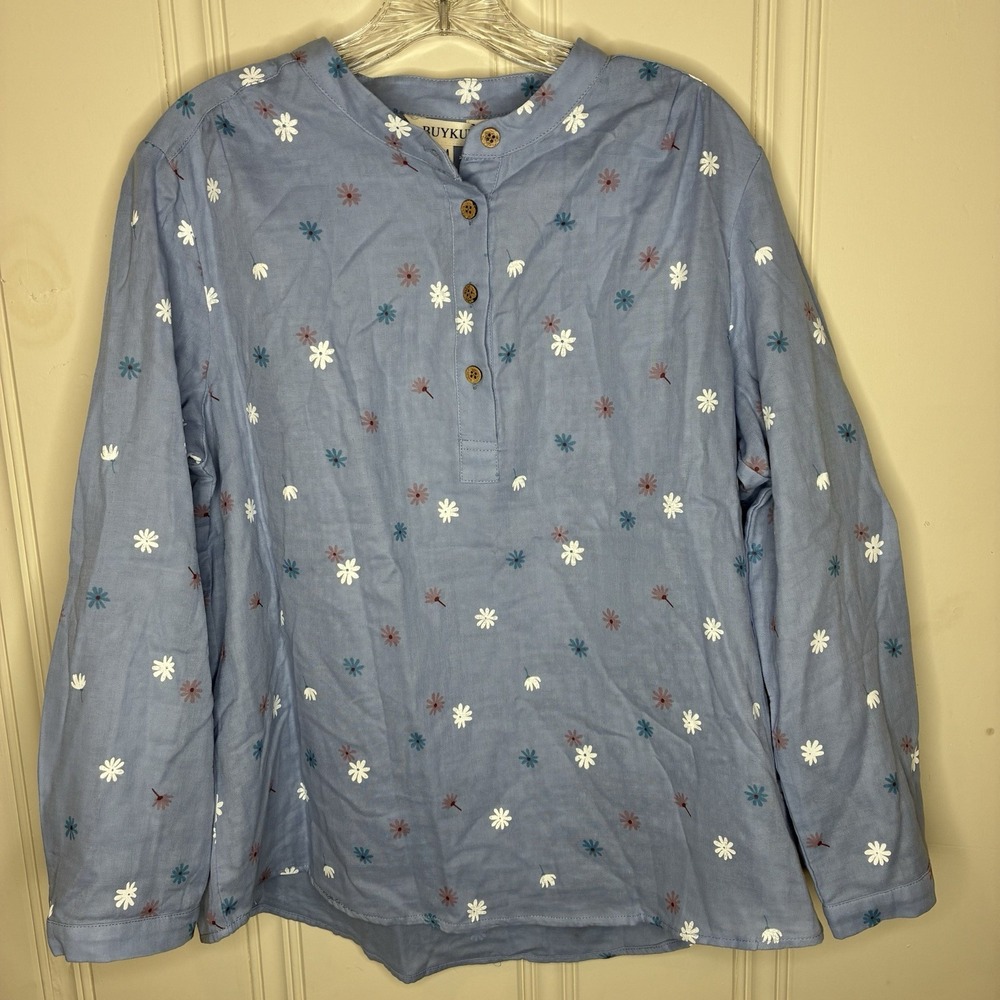 NEW BuyKud blue floral 100% cotton blouse Med artsy boho long sleeve lagenlook